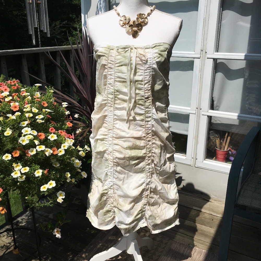 Sexy boho size S strapless puckered cotton dress in green and cream by Contrast